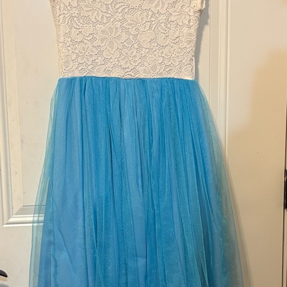 Girls White Lace and Blue Tulle Girls Formal Dress - Picture 4 of 5
